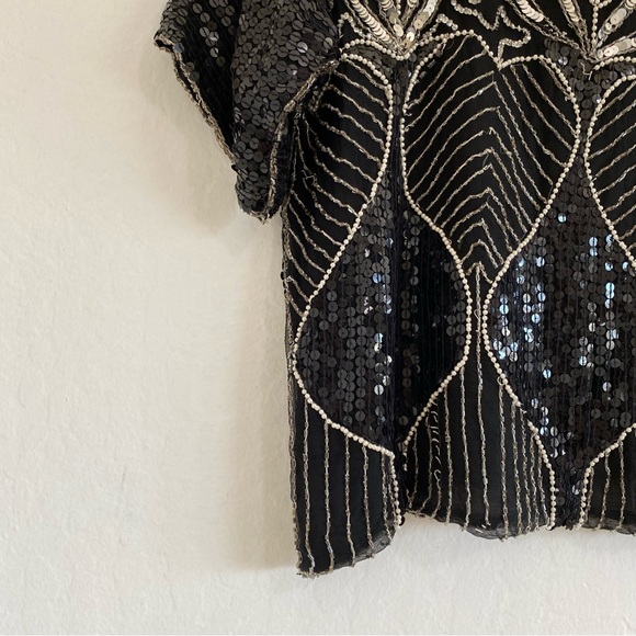 Jean for Joseph Le Bon Women’s L Vintage Silk Beaded Sequin Floral Top Blouse - Picture 6 of 6